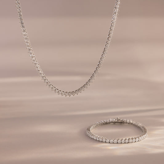 3-Prong Diamond Tennis Necklace & Bracelet Set in White Gold