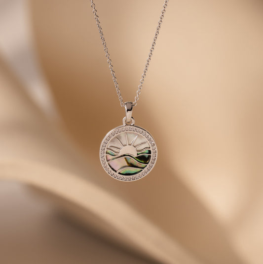 Abalone Sunrise Pendant Necklace in White Gold