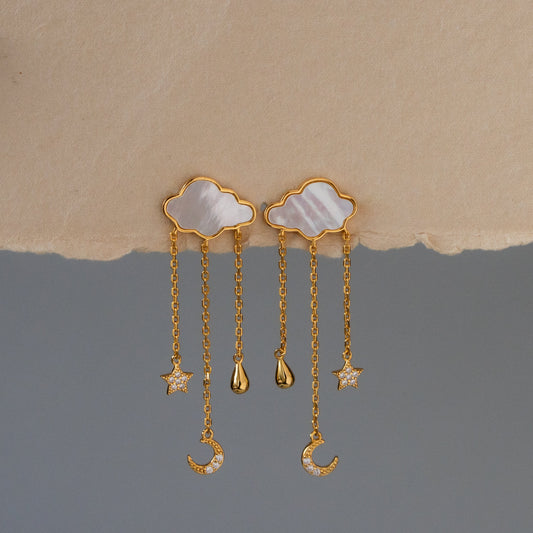 Celestial Pearl Cloud Chain Drop Studs