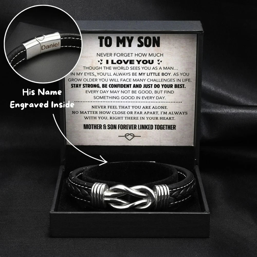 Son’s Bracelet Gift – Custom Braided Leather with Engraved Name