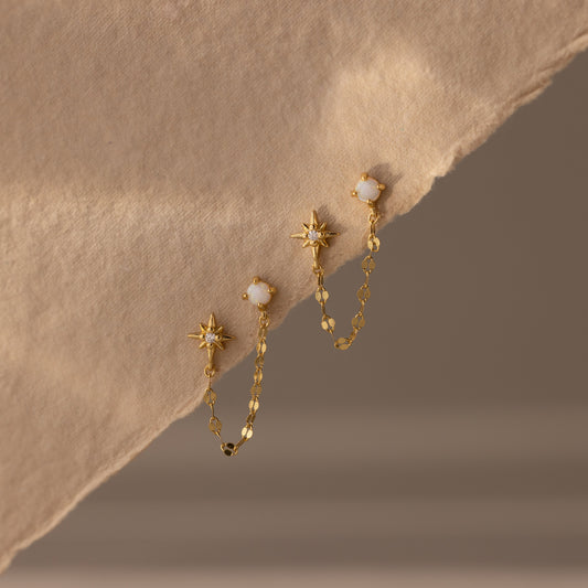 Opal & Star Duo Chain Studs in 18K Gold