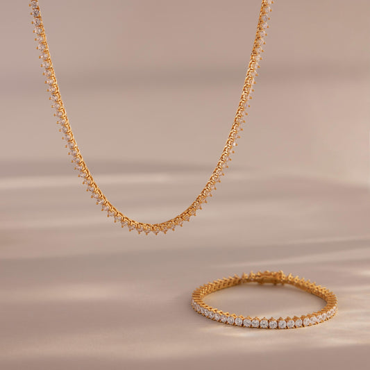 3-Prong Diamond Tennis Necklace & Bracelet Set in 18K Gold